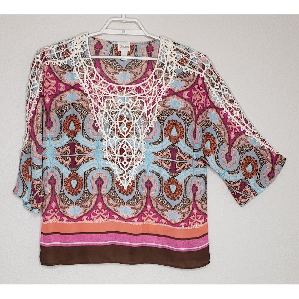 Chico's Top Size 1 Multicolor Damask Print 3/4‎ Sleeve Silky Scoop Neck Blouse
